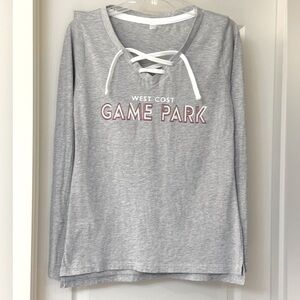 NWOT Live And Tell Women’s Long Sleeve V-Neck Lace Up Yoke Soft Logo T-Shirt Top